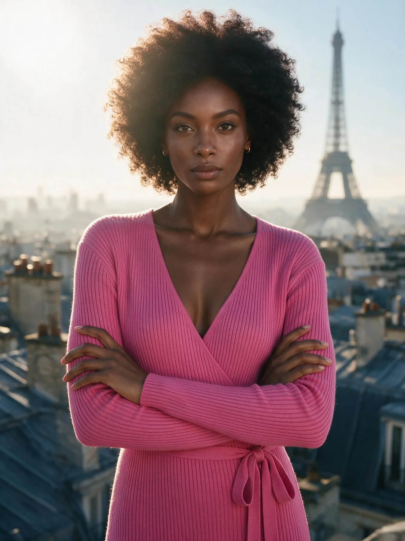 Look III: Model B im pinken Kleid über den Dächern von Paris